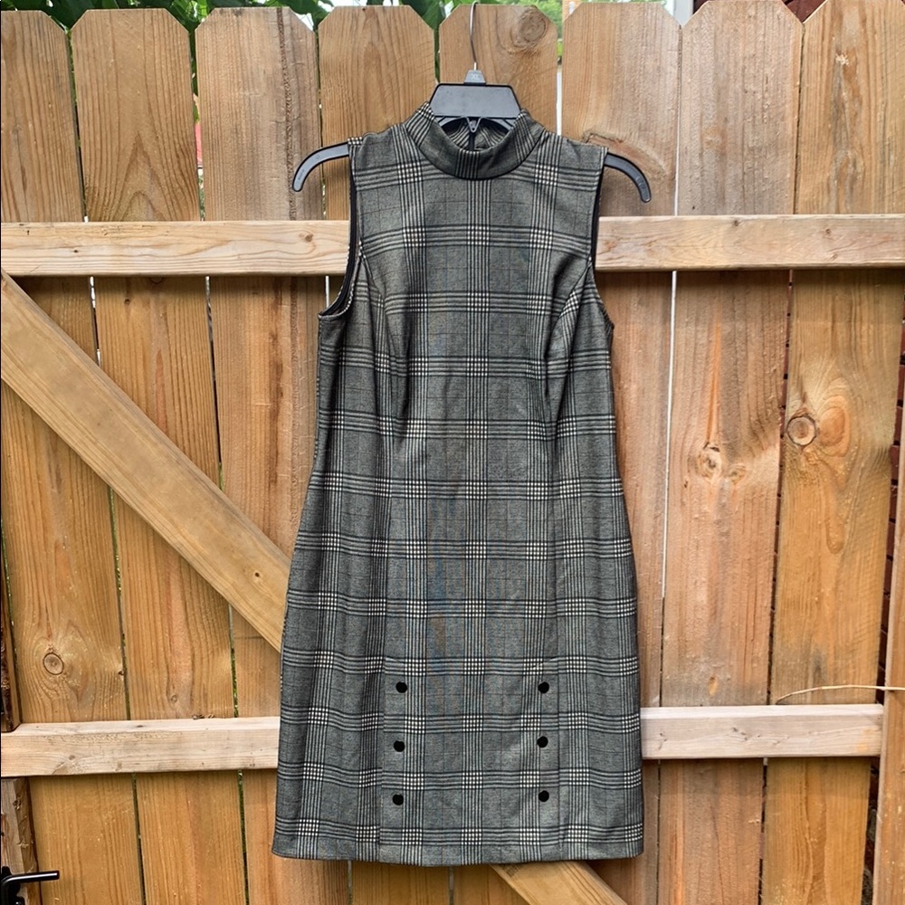 Apt. 9 Sleeveless Plaid Mock Neck Mini Dress in Gray and Black
